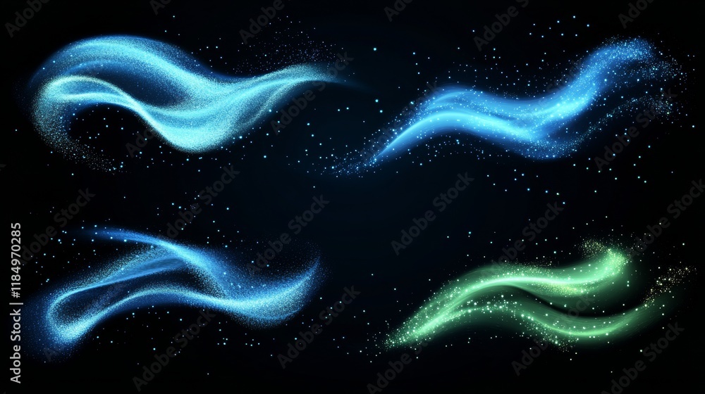 Poster turquoise air wind flow vector effect set. magic 3d fresh swirl with cold and frosty breath stream. 