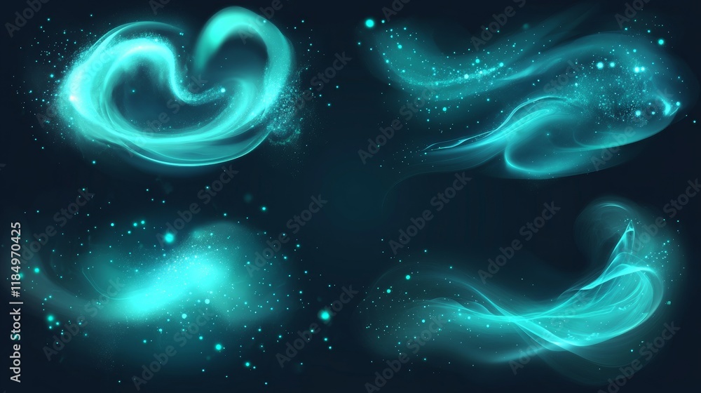 Poster turquoise air wind flow vector effect set. magic 3d fresh swirl with cold and frosty breath stream. 