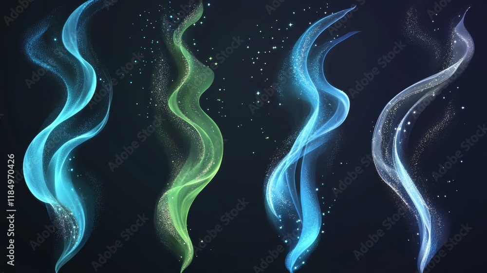 Poster turquoise air wind flow vector effect set. magic 3d fresh swirl with cold and frosty breath stream. 