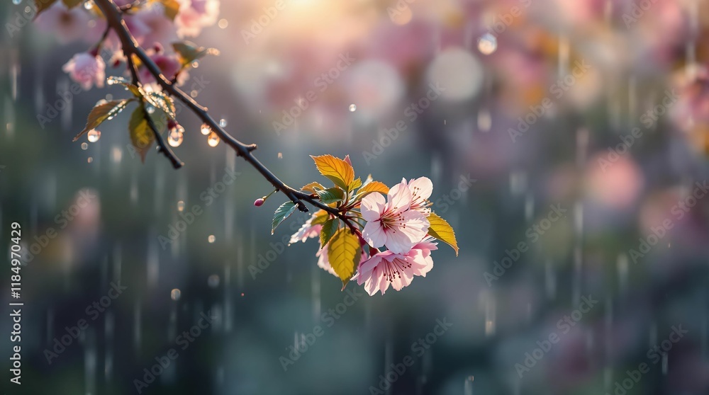 Poster close-up of a branch with delicate pink cherry blossoms, surrounded by a soft, dreamy background wit