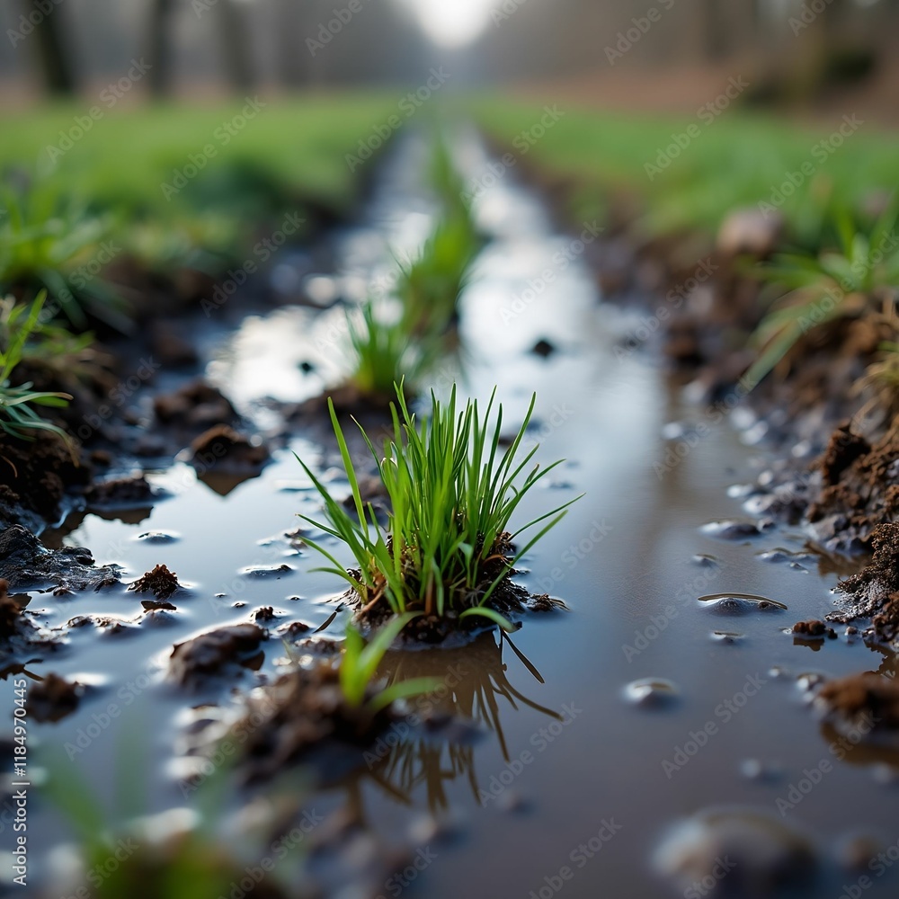 Aufkleber a pathway with a bed of grass and a small stream of water. It is surrounded by green grass on both sides.