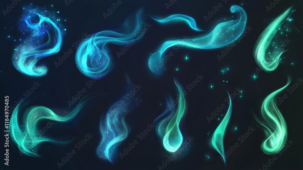 Poster turquoise air wind flow vector effect set. magic 3d fresh swirl with cold and frosty breath stream. 