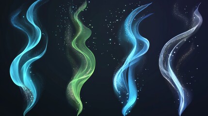 Naklejka premium Turquoise air wind flow vector effect set. Magic 3d fresh swirl with cold and frosty breath stream. Fantasy mint vortex tornado with dust and sparkle. Peppermint twist on transparent background