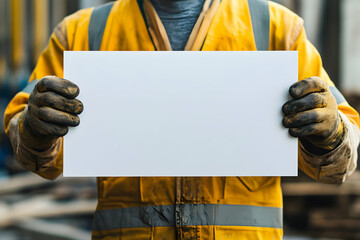 Construction worker holding blank safety sign with space for text