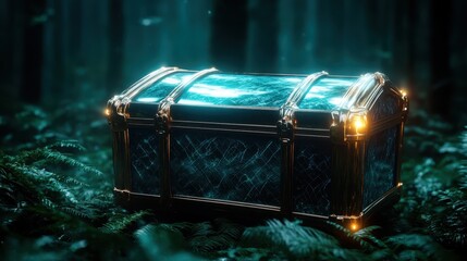 This captivating image showcases a beautifully designed treasure chest in a mystical forest, suggesting adventure and the allure of hidden riches in nature's embrace.