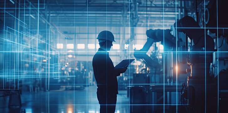 With the integration of 5G, AI, big data, and IoT, a silhouette engineer in Industry 0 oversees auto robots in a warm-hued industrial setting
