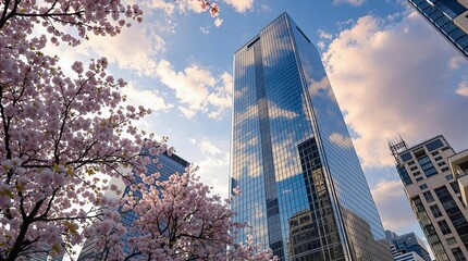 modern building with a reflective glass facade, set against a backdrop of a blue sky with some clouds. In the foreground, there is a tree with pink blossoms, adding a touch of nature to the urban scen