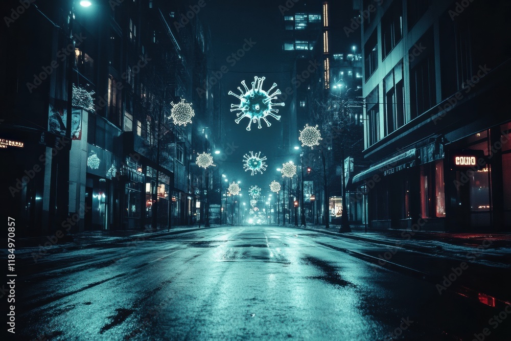 Aufkleber empty urban street illuminated by symbolic virus motifs during nighttime hours. generative ai