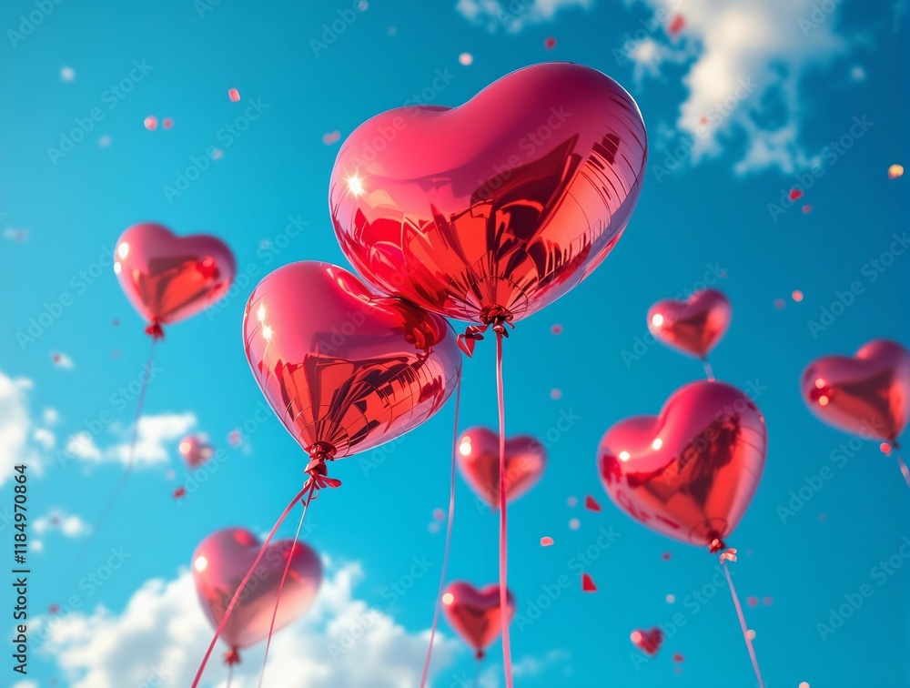 Poster  an overhead view of a cluster of red heart-shaped balloons floating in a blue sky with scattered white clouds.