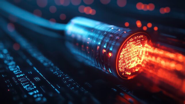 Futuristic data cable glowing with binary code, transmitting information.
