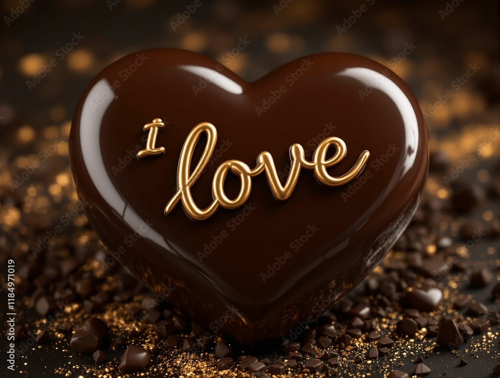 Poster close-up of a shiny, dark chocolate heart with the words \