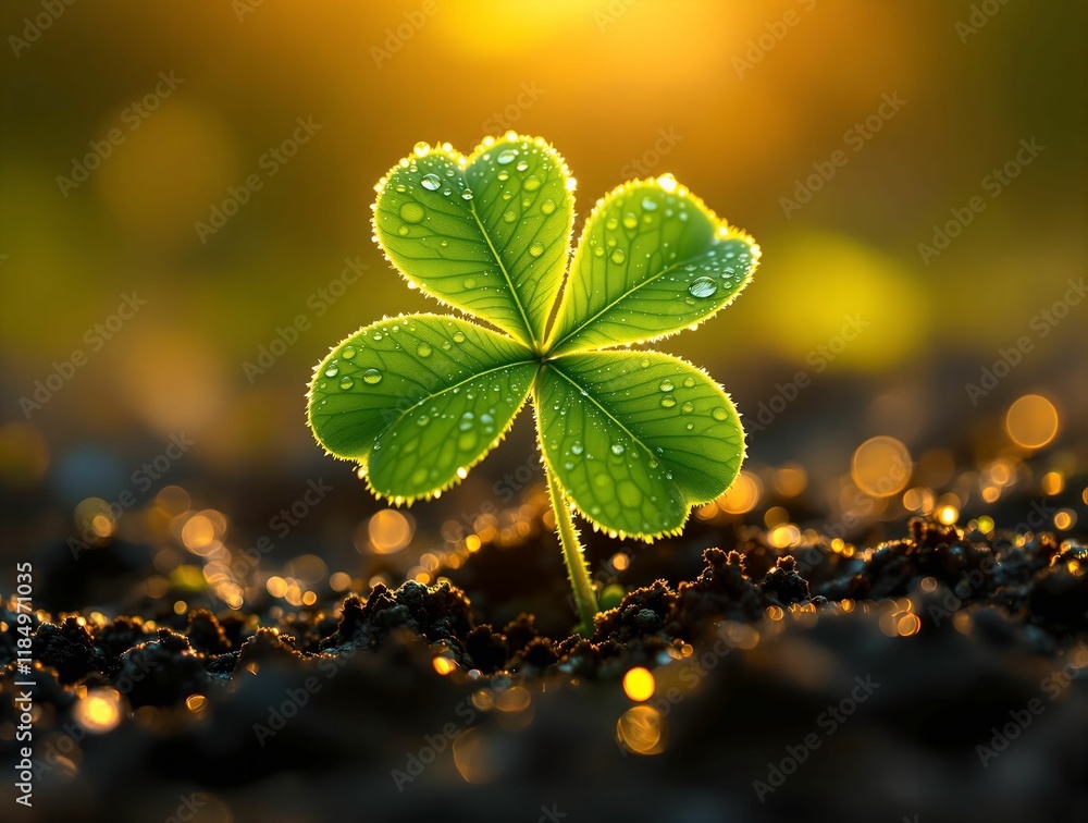 Poster green clover with dew drops on it, standing out against a bokeh background. the clover is placed on 
