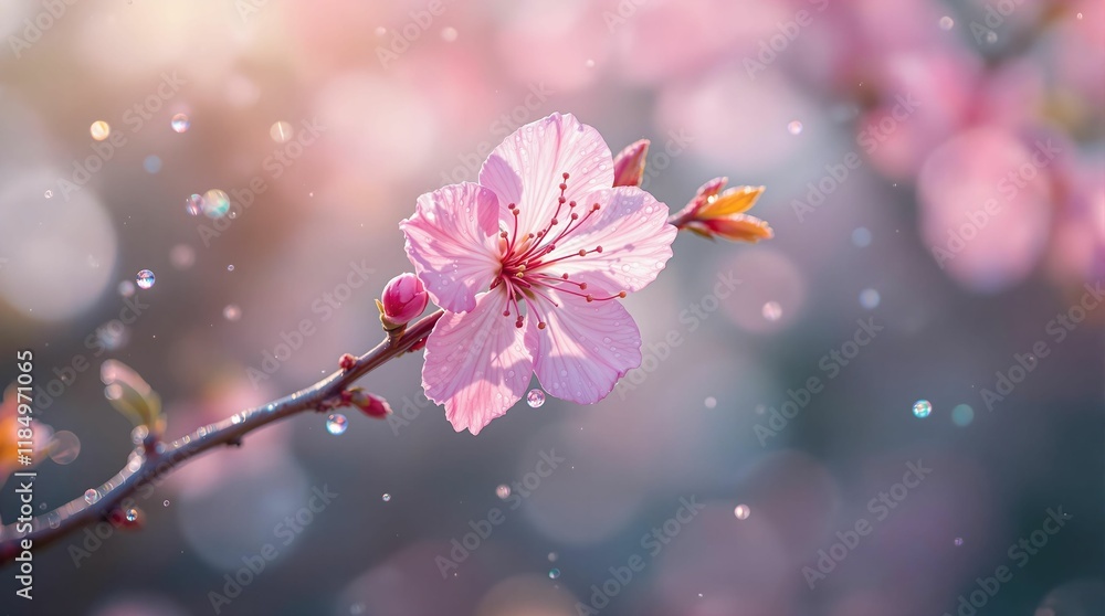 Poster close-up of a pink cherry blossom flower with a bokeh effect in the background, creating a soft, dre