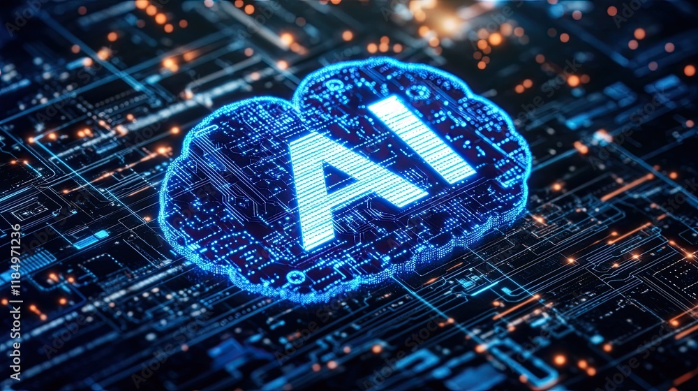 Poster futuristic cyber tech innovation, image, brain over circuit board, advanced deep learning computer t