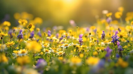 Fototapeta premium vibrant field of wildflowers, primarily in shades of yellow and purple, with a warm, sunny glow that highlights the flowers' details and textures.