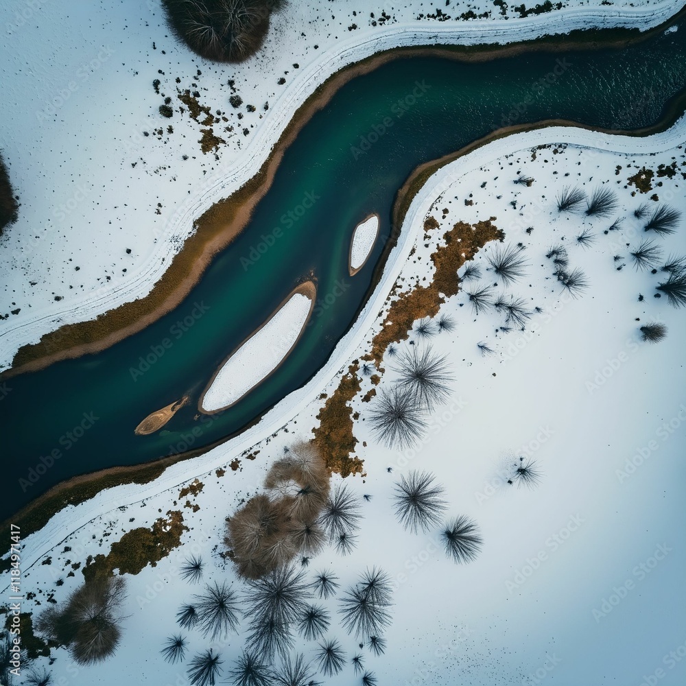 Poster stunning winter landscape with a river flowing through a snowy area. the river has a beautiful turqu