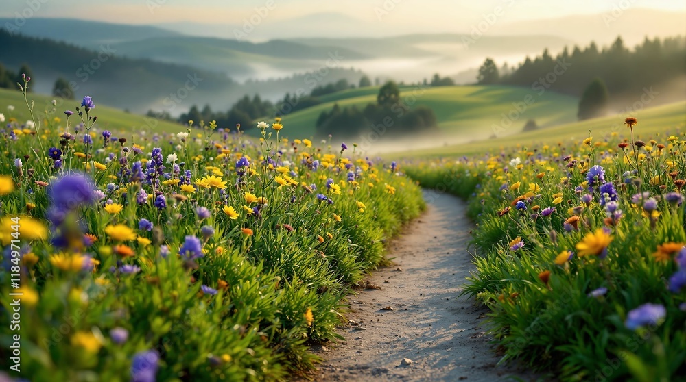 Poster serene rural landscape with a winding dirt path leading through a field of vibrant wildflowers. the 