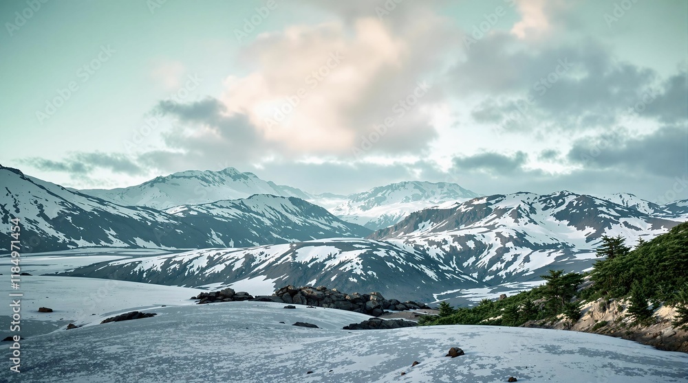 Poster stunning mountainous landscape covered in snow, with a mix of green and white colors. the sky above 