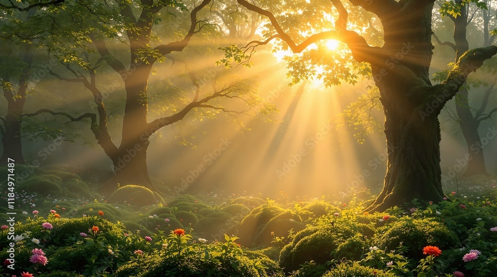 Poster serene forest scene with a sunbeam shining through the trees, casting a warm glow and illuminating t