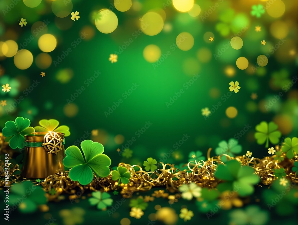 Poster golden pot filled with gold coins, surrounded by green clover leaves and sparkling green bokeh light