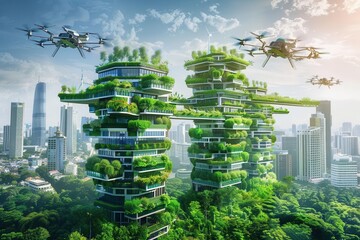 Obraz premium Futuristic eco-friendly skyscrapers surrounded by greenery and drones in a vibrant cityscape.