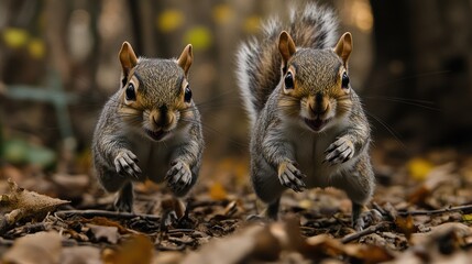 Two squirrels running towards the camera in autumn forest.
