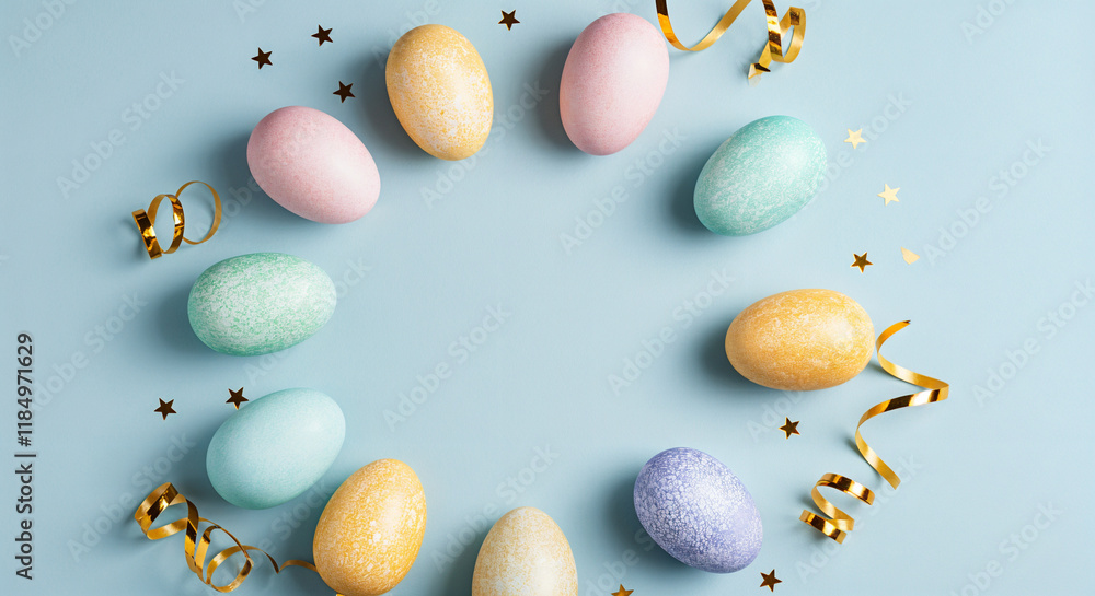 Wall mural easter eggs arranged in a circle on a pastel blue background, creating a festive and colorful scene 