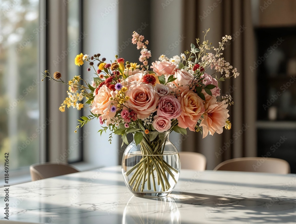Poster vase of flowers with a mix of pink, orange, and yellow blooms placed on a table near a window. the w