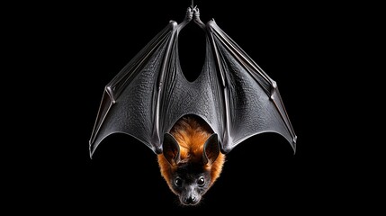 A detailed image of a bat hanging upside down against a black background, showcasing its intricate wing structure and fur.