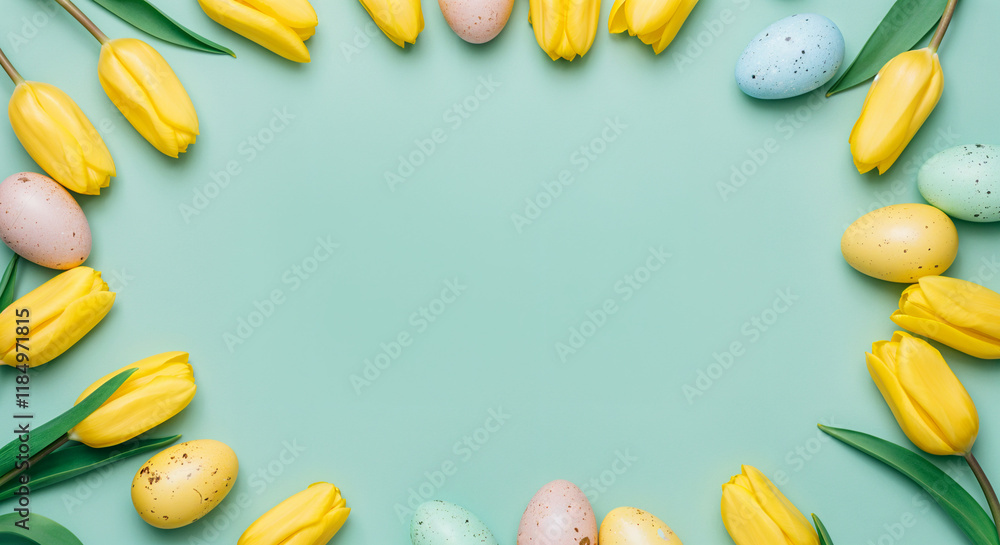 Poster easter eggs and yellow tulips creating a frame on a light green background with copy space