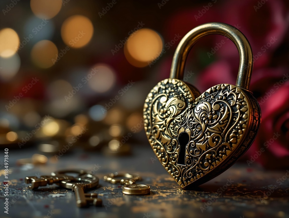 Poster gold heart-shaped lock with intricate designs on it, sitting on a dark surface with a bokeh effect i