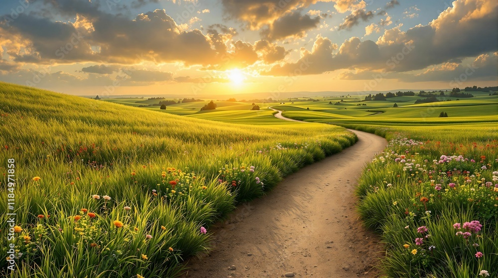 Poster scenic view of a field with a dirt path leading towards a setting or rising sun, surrounded by vibrant green grass and a cloudy sky.
