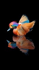 Obraz premium A vibrant male mandarin duck gracefully gliding across a reflective dark water surface, showcasing its colorful plumage.