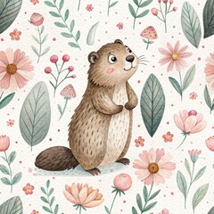 Fototapeta premium Adorable groundhog with floral pattern in whimsical pastel design