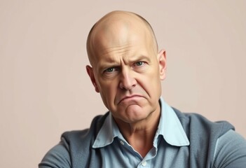Obraz premium Bald man with a scowl on his face, seated on a plain background