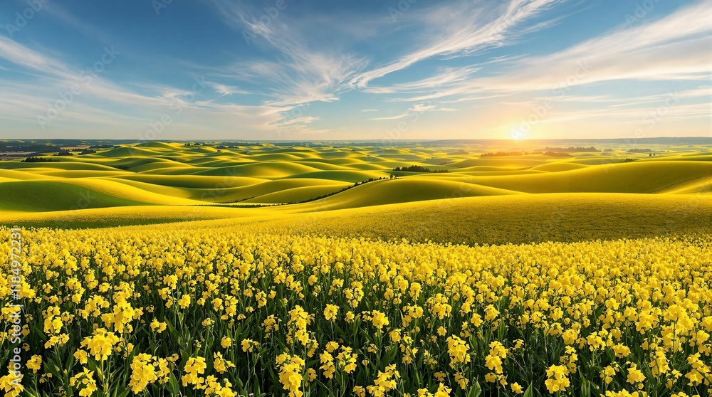 Poster panoramic view of rolling hills covered in yellow canola fields, with a vibrant sunset in the backgr