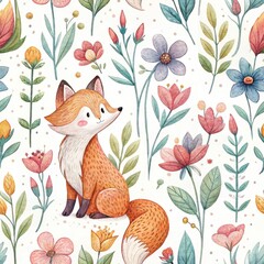 Fototapeta premium Charming fox amidst vibrant floral meadow: whimsical nature art