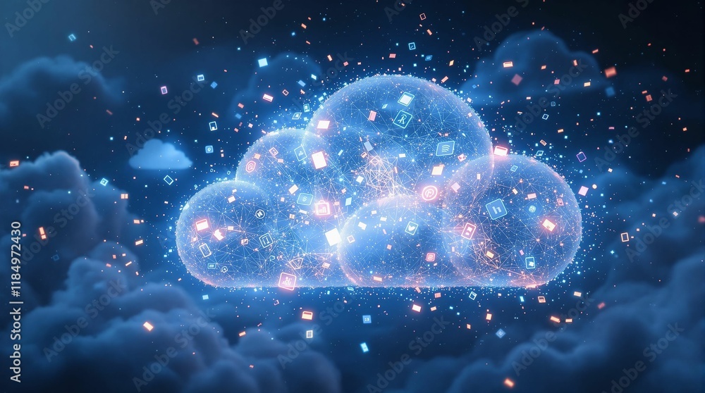 Poster digital cloud with glowing particles and a blue background, symbolizing cloud computing technology.
