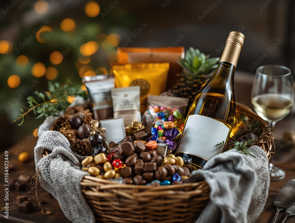 Aufkleber festive scene with a wooden basket filled with various items, including a bottle of champagne, choco