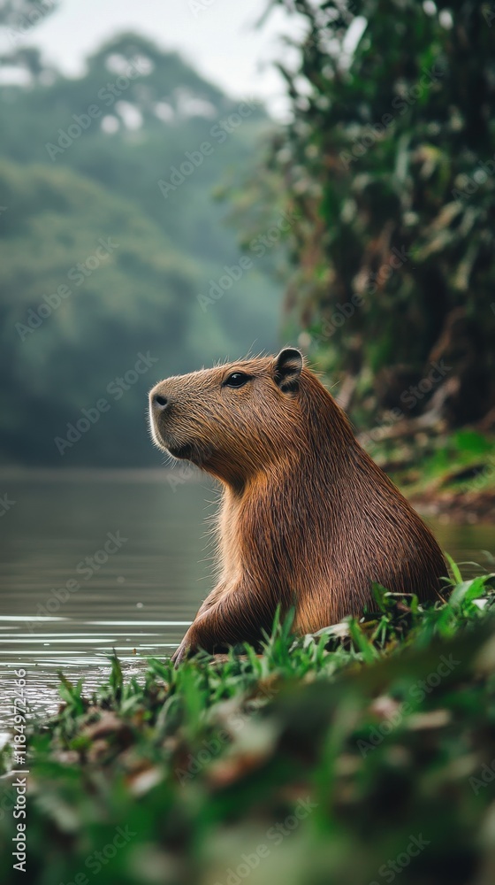 Poster a capybara calmly rests by the water's edge, framed by lush greenery and a serene backdrop.