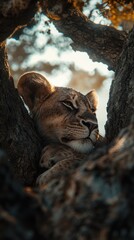 A majestic lioness rests gracefully among the branches of a tree in golden light.
