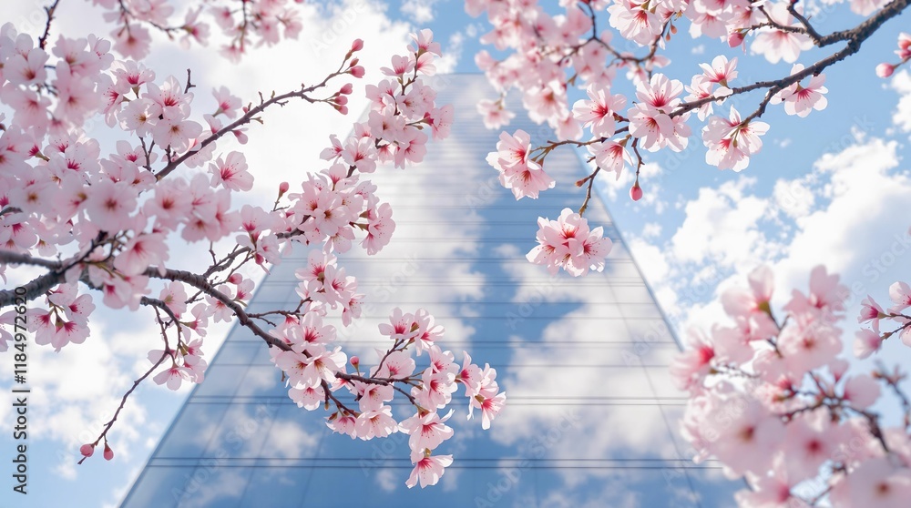 Poster glass building with a triangle shape on the top, and the sky is filled with fluffy white clouds.