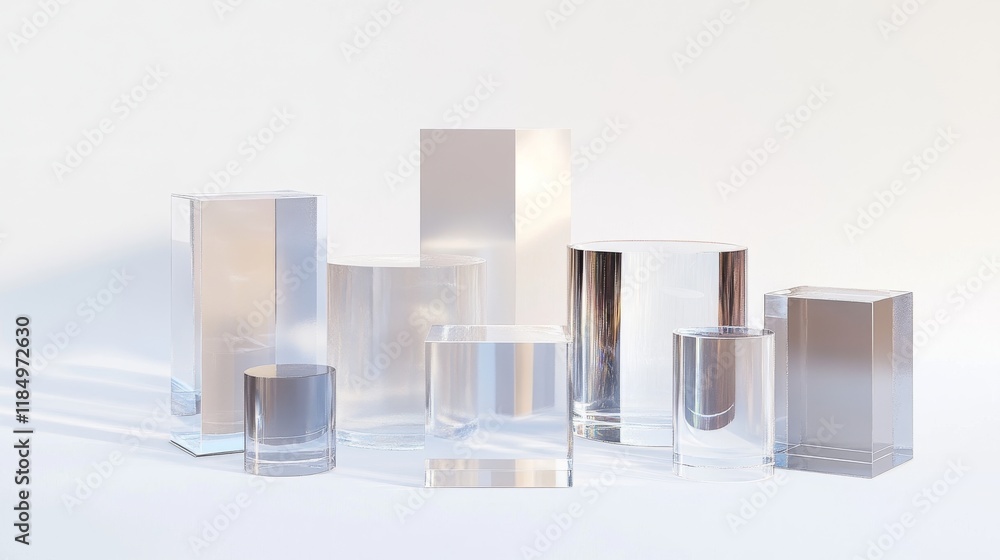 Poster glass transparent cube and cylinder product podiums of different height. realistic vector set of ple