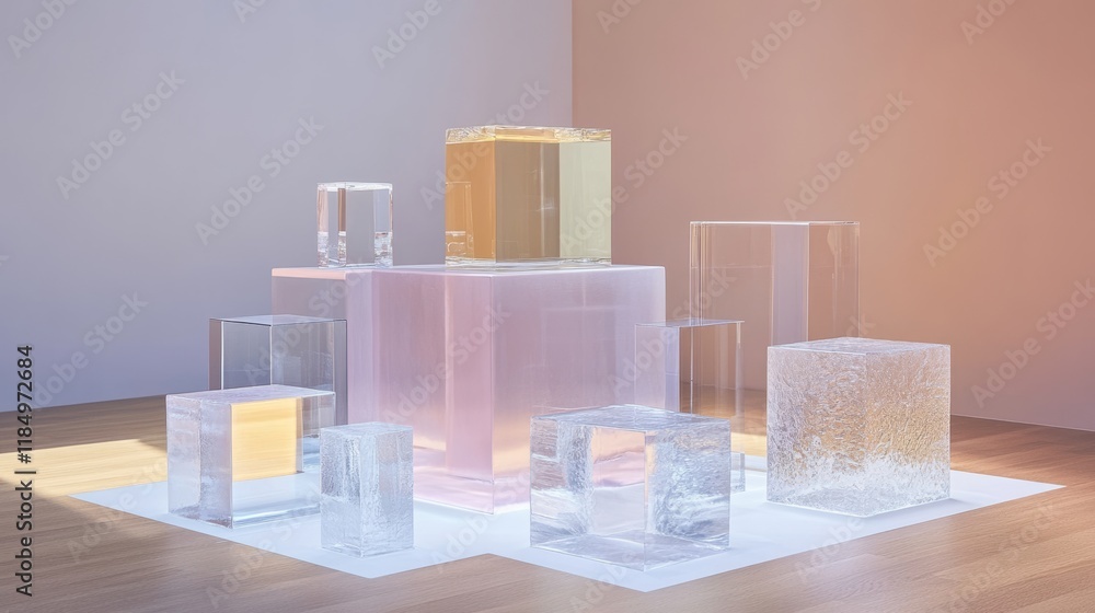 Poster glass transparent cube and cylinder product podiums of different height. realistic vector set of ple