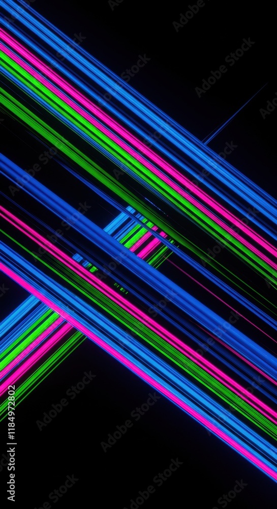 Poster vibrant neon light trails forming dynamic abstract patterns against black background