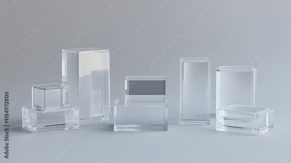 Poster glass transparent cube and cylinder product podiums of different height. realistic vector set of ple