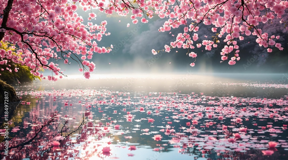 Poster serene lake surrounded by cherry blossoms in full bloom, with petals floating on the water's surface