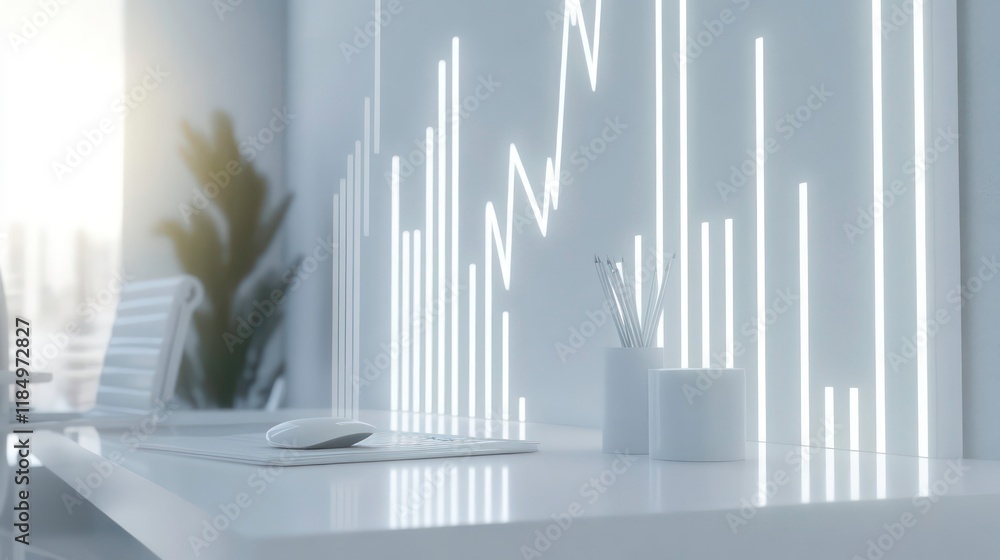 Aufkleber modern minimalist office desk with glowing graph on wall.