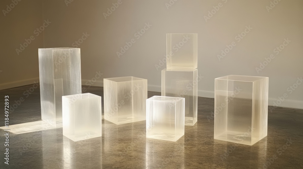 Poster glass transparent cube and cylinder product podiums of different height. realistic vector set of ple
