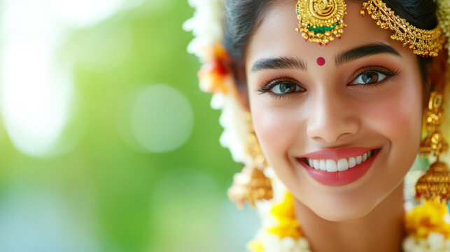 Joyful woman with traditional bindi and cultural jewelry smiling brightly